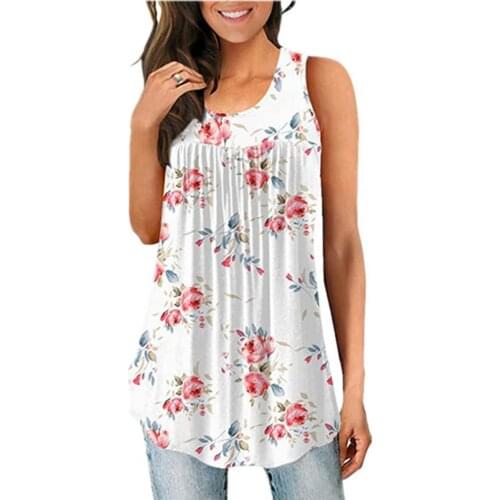 Women Polyester Vest Tops Pleated Off Shoulder Sleeveless Summer Women Floral Printing Round Neck Shirt for Daily Life Beach