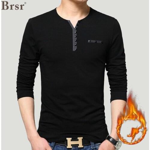 Autumn And Winter Men Clothes Plus Velvet Oversized Mens T-shirt Long Sleeved V-Neck Argyle Design Solid Color Tshirts Casual