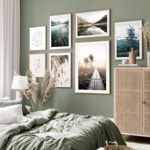 Autumn morning sunrise landscape painting Scandinavian forest natural scenery printing poster Nordic art wall painting home deco