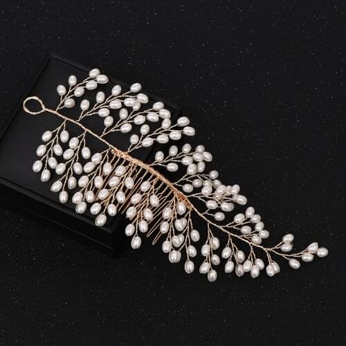 Handmade Gold Long Pearl Hair Combs Optimal Wedding Hair Accessories Bride Headwear Party Pearl Flower Tiara Hair Jewelry Gift