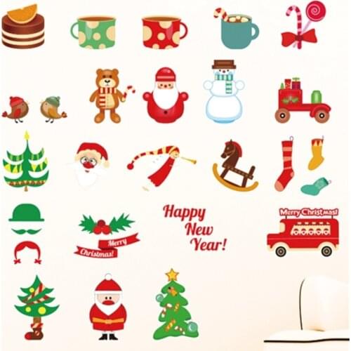 Merry Christmas Day Cartoon Poster Wall Stickers Santa Snowflake Snowman Tree Glass Window Sticker Door Store Decoration Sticker