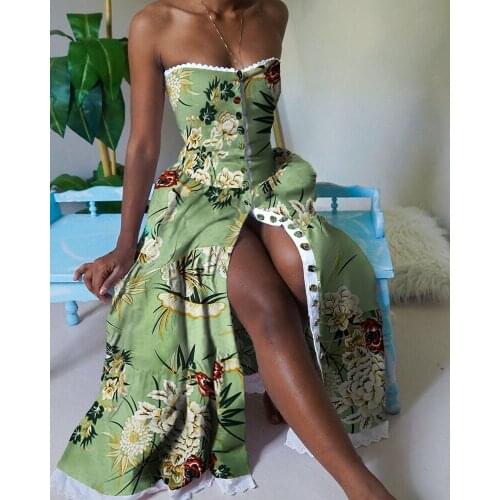 Sexy off shoulder strapless lace trim print button down asymmetrical green maxi dress Summer beach holiday tube dress 2020