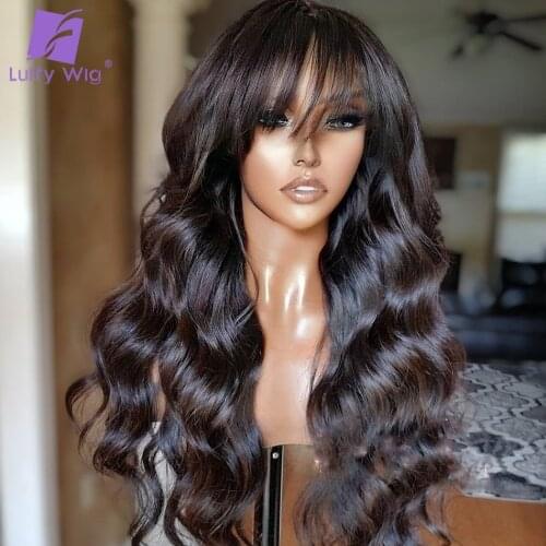 Wavy Human Hair Wigs With Bangs Brazilian Remy Hair Scalp Top Machine Made Wig Glueless 200% Density Wig For Black Women Luffy