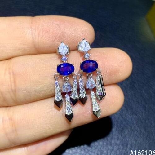 Fine Jewelry 925 Pure Silver Chinese Style Natural Sapphire Girl Luxury Noble Oval Gemstone Earrings Eardrop Support Detection