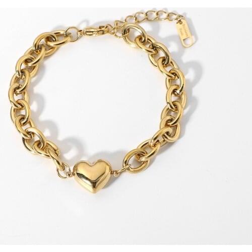14K Real Gold Plated Stainless Steel Love Heart Pendant Chain Bracelet For Women Punk Chunky Bracelets Jewelry