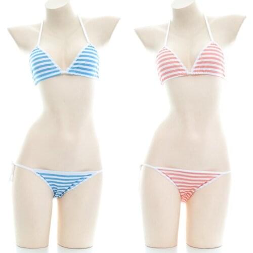 Womens Micro Bikinis Suit Swimsuits Sexy Stripe Color School Student Swimwear Bandage Bra Panty Set Beachwear Bathing Clothing