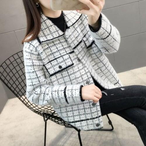 Women 2021 Autumn Winter Fashion Plaid Sweater Overcoat Female Short Imitation Mink Velvet Coat Ladies Knit Cardigan Jacket M305