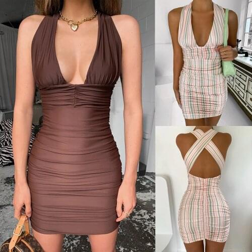 Women’s Sexy Halter Short Dress Fashion Summer Solid Color/Stripe Pleated Deep V-Neck Slim Fit Dress Elegant Party Dresses