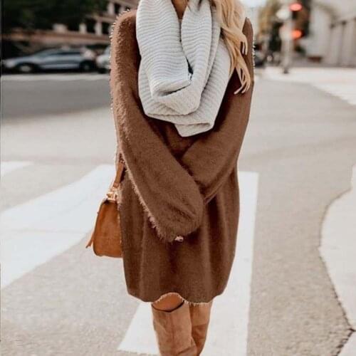 Chic Sweater Dress Women Autumn Winter Solid Color O Neck Sweater Fluffy Loose Knee-length Dress