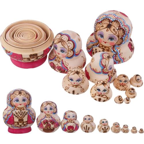 10pcs Set Russian Dolls Matryoshka Nesting Toy Painted Trees Wood