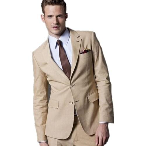 2 Piece Mens suits Design Two Buttons Beige Groom Tuxedos Notch Lapel Best Man Groomsman Men Wedding Suits (Jacket+Pants+Tie)