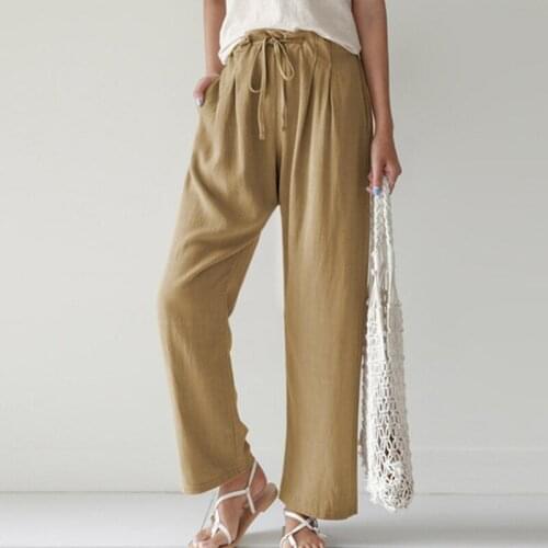 2021 Women Pants Fashion Linen Cotton Solid Elastic Waist Trousers Female Plus Size Ankle-length Trousers Summer Casual Pants