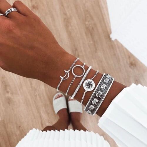 5 Pcs/set European and American New Bohemian Elephant Totem Bracelet Moon Compass Bangles for Women Indian Jewelry 2021 Gift