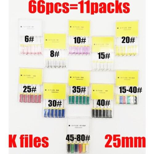 66pcs 6#-80# 25mm Dental K Files Root Canal Dentistry Endodontic Instruments Dentist Material Hand Use Stainless Steel K Files
