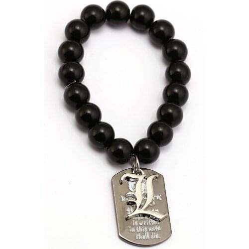 Anime Death Note Bracelets Cross L Logo Charm Handmade Natural Black Onyx Beads Bracelet Men Women Bangle Jewelry