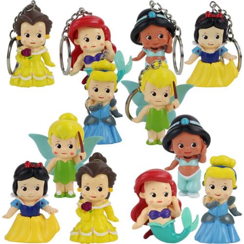 5-6cm 6pcs/Lot Princess Figures Snow White Cinderella Jasmine Tinkerbell Ariel Mermaid Belle Key Chains Model Toys Doll Pendants