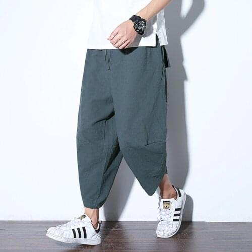 #2532 Summer Cotton Linen Wide Leg Trousers Men Elastic Waist 5XL Kimono Pants For Men Casual Vintage Streetwear Sweat Pants