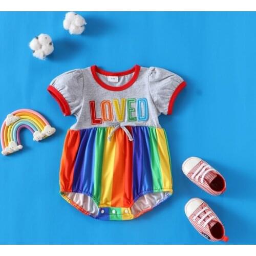 New Baby Clothes Summer Newborn Girl Outfit Cotton Letter Colorful Rainbow Striped Short Sleeve Baby Bodysuit Baby Rompers 0-18M
