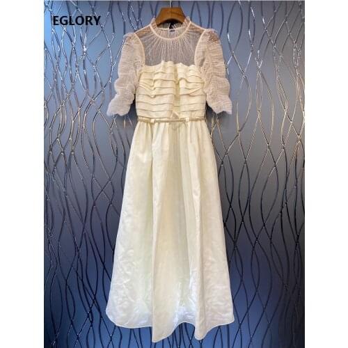 Long Dress 2021 Spring Fashion Style Women Sexy Polka Dot Mesh Patchwork Half Sleeve Apricot Long Maxi Dress Elegant Party Club