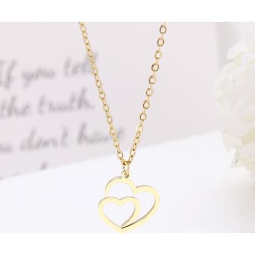 DOTIFI Stainless Steel Necklace Double Heart Gold and Silver Color Pendant Necklace Engagement Jewelry