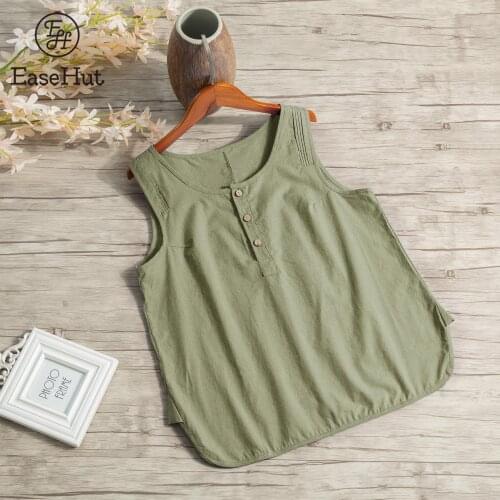 EaseHut Women Cotton Linen Vest Buttons Placket Split Hem O-neck Sleeveless Blouse Solid Loose Casual Tank Tops 2021 Summer