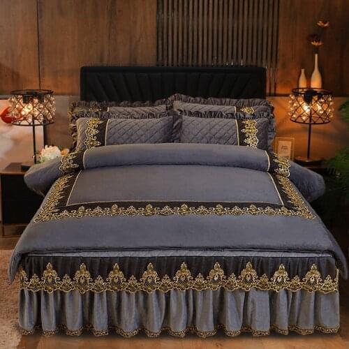 Europe Vintage Velvet Comforter Bedding Sets Duvet Cover Double Luxury Embroidery Lace Queen King Size Quilted Bedspread Soft