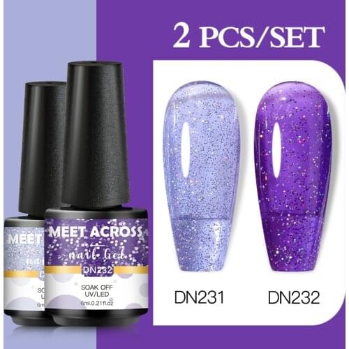 6ML Gel Polish 2Pcs/Set Purple Champagne Glitter Sequins Shiny Effect Gel Long Lasting Base Top Coat Nail Art Design Hybri