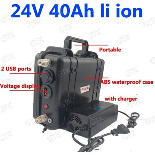 GTK waterproof 24v 40ah lithium ion 24v li ion 18650 BMS with USB ports for Camper trailers LED light UPS Inverter + 5A charger