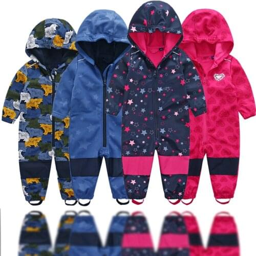 Soft shell childrens jumpsuit boys and girls conjoined romper jumpsuit habercoat warm waterproof windproof composite fabric