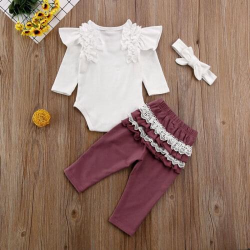 3-24M Infant Newborn Baby Girls Clothes Set Autumn Long Sleeve White Romper + Ruffles Lace Pants Outfits Baby Girls Costumes