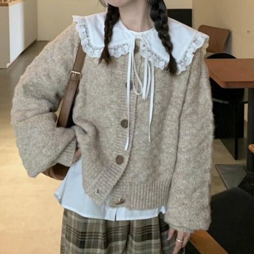 Korean Gentle Preppy Style Sweet Girl Sweet Solid Knitted Cardigan Harajuku Offiec Lady Elegant Vintage Cute Women Sweater Coat
