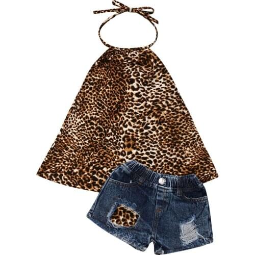 2Pcs Summer Infant Kids Baby Girls Clothes Sets Sleeveless Leopard Print Tops Jeans Shorts Outfit Clothes 1-6Y