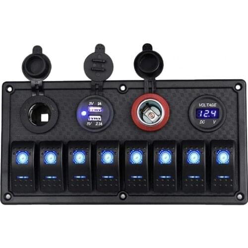 HXA84-1 Switch Panel Overcurrent Protection 8 Gang Waterproof Boat Marine Rocker Switch Panel for RV Car Cigarettes Lighter