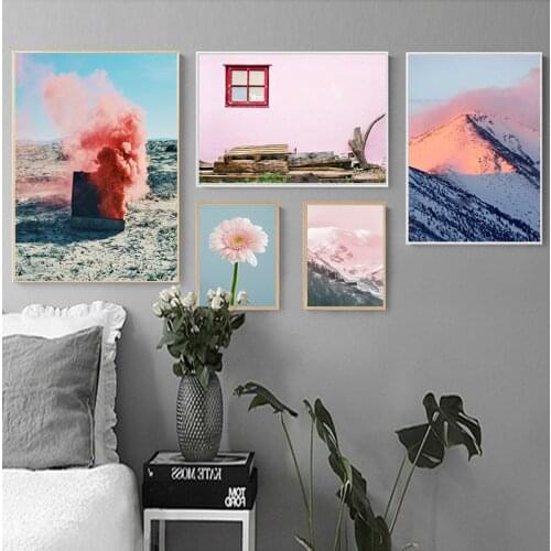 Pink Flower Nature Landscape Posters Snow Mountain Scenery Canvas Painting Decorative Wall Art Print Picture for Living Room
