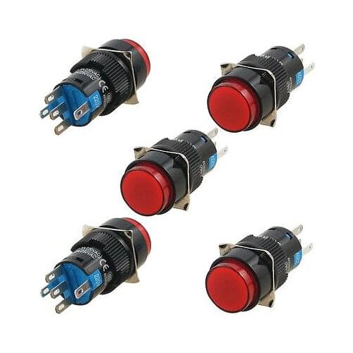 Self Locking AC 220V Red Neon Light AC 5A/250V 1NO 1NC Pushbutton Switch