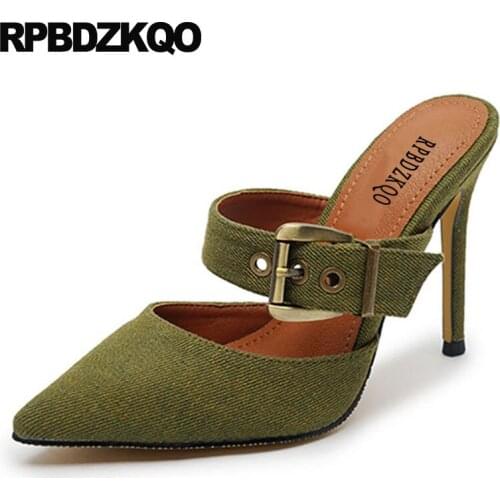 Blue mules slipper pointed toe extreme green denim shoes ultra 8cm sexy pumps stiletto big size belts super ladies high heels