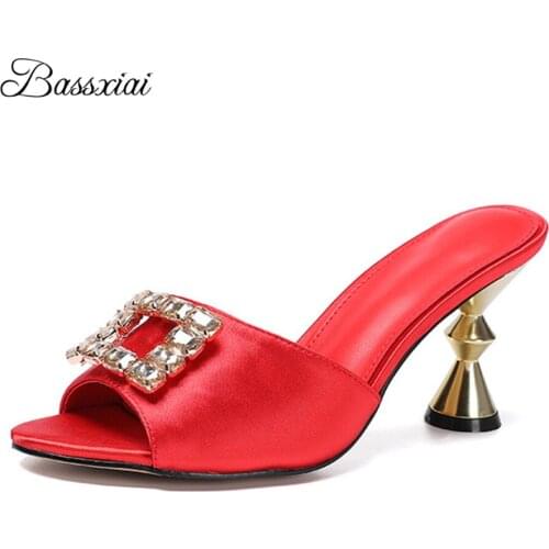 Sexy Red Satin Slingbacks Sandals For Girls Crystal Square Buckle Metal Strange Heel Open Toe Lady Mules Women