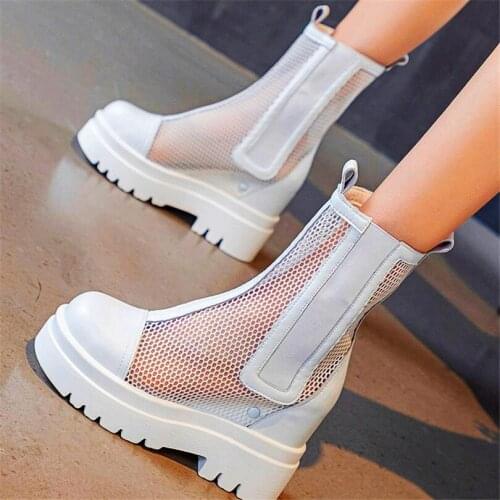 Punk Goth Womens Summer Cow Leather Ankle Boots Platform Wedge High Heels Round Toe Oxfords Creepers Sandals