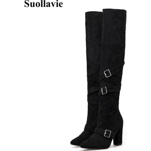 New Winter Autumn Women Pointed Toe Ankle Boots Sexy Lady Square High Heel Stretch Fabric Red Black Zipper Chelsea Over Knee