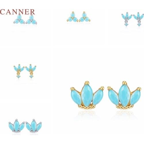 CANNER Real 925 Sterling Silver Earrings For Women Blue Classic Personality Geometry Stud Earrings Zircon Jewelry Pendientes