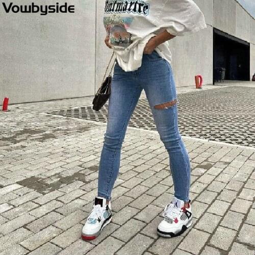 Womens Casual Jeans Hole Slim Feet Denim Trousers Pencil Pants