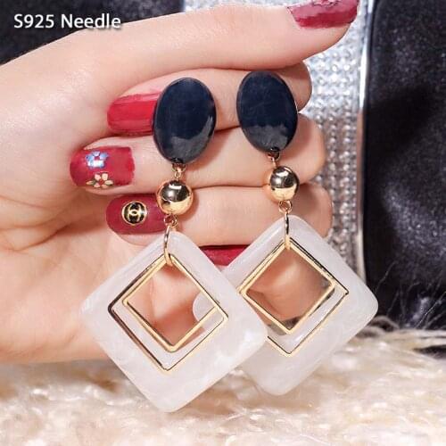 925 Sterling Silver Needle Dangle Drop Earrings for Women Jewelry Arcrylic Rhomnbus Vintage Fashion Female Earrings