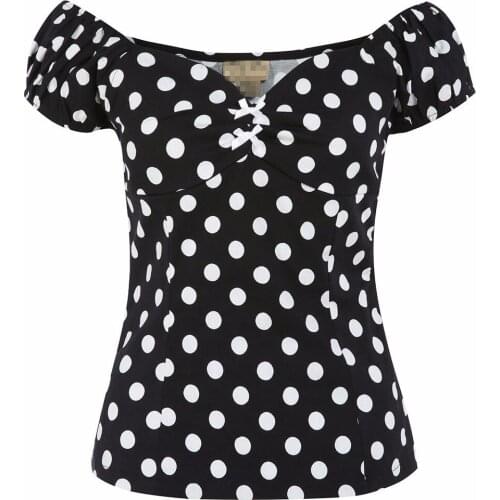 35- women vintage 50s pinup polka dot dolores top in black plus size shirt bow sweetheart neckline fitted shirts cropped tops