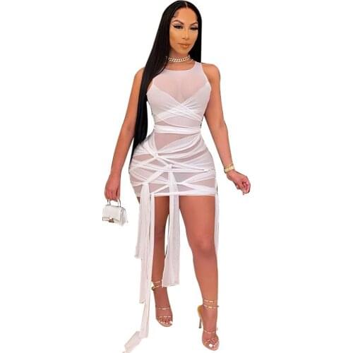 2021 S-4XL Plus Size Mesh See Through Dress for Women Summer Elastic Hight Night Club Vestido Sexy Bodycon Robe Birthday Outfit