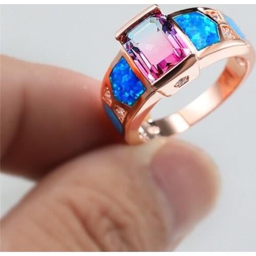 Vintage Rose Gold Blue Fire Opal Ring Dainty Blue Purple Crystal Rainbow Gradient Zircon Rings For Women Fashion Wedding Jewelry