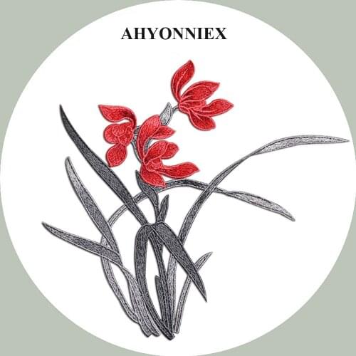 AHYONNIEX 7 Colors 24CM X 20CM High Quality Clothing Applique Embroidery Orchid Flower Patches Sew On Patch Flower for DIY