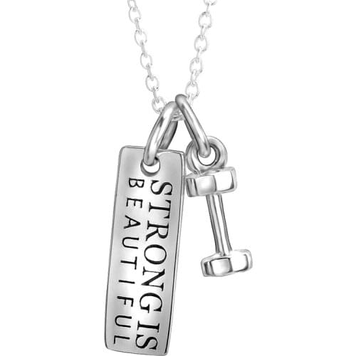 Fitness Jewelry 925 Sterling Silver Pendant Tag and Dumbbell two tone Choker Strong is Beautiful Charm necklace best gift Hot