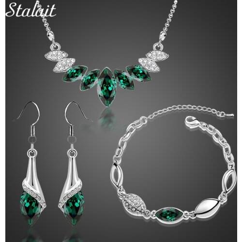 Bracelet necklace earrings Wedding Bridal party Silver Color Austrian Crystal water drop Pendant Jewelry Sets 44293