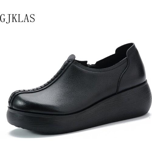 Genuine Leather Platform Sneakers Oxford Slip on Wedges Shoes for Women Chunky Sneakers Women Walking Shoes Comfy Woman Pumps
