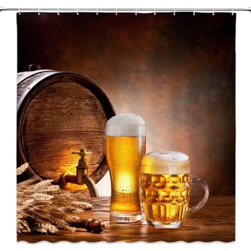 Cool Beer Shower Curtains Wooden Wine Barrel Wheat Warm Fashion Bathroom Decor Home Bath Waterproof Polyester Hang Curtain Set